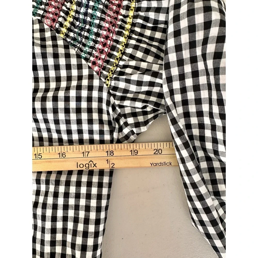 Madewell Embroidered Gingham Top Tassel Tie Peasant Puff Sleeve Plaid SZ Med